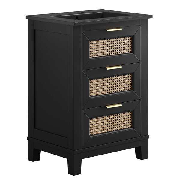 Modway Furniture Dixie 24" Solid Wood Bathroom Vanity Cabinet with Rattan Drawers & Ceramic Basin - Modern Storage EEI-6724-BLK-BLK
