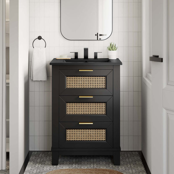 Modway Furniture Dixie 24" Solid Wood Bathroom Vanity Cabinet with Rattan Drawers & Ceramic Basin - Modern Storage EEI-6724-BLK-BLK