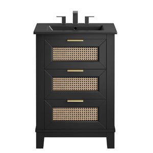 Modway Furniture Dixie 24" Solid Wood Bathroom Vanity Cabinet with Rattan Drawers & Ceramic Basin - Modern Storage EEI-6724-BLK-BLK