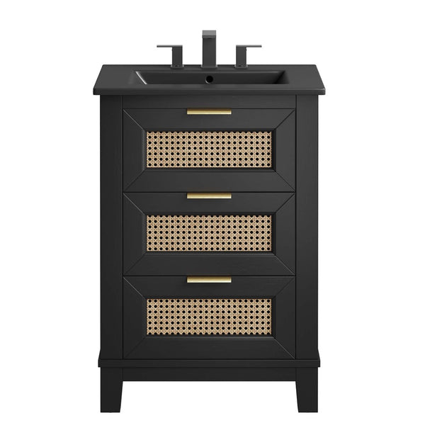 Modway Furniture Dixie 24" Solid Wood Bathroom Vanity Cabinet with Rattan Drawers & Ceramic Basin - Modern Storage EEI-6724-BLK-BLK