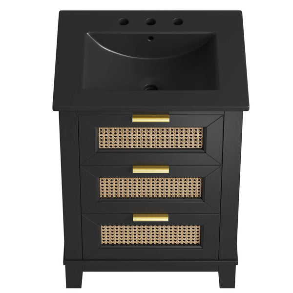 Modway Furniture Dixie 24" Solid Wood Bathroom Vanity Cabinet with Rattan Drawers & Ceramic Basin - Modern Storage EEI-6724-BLK-BLK