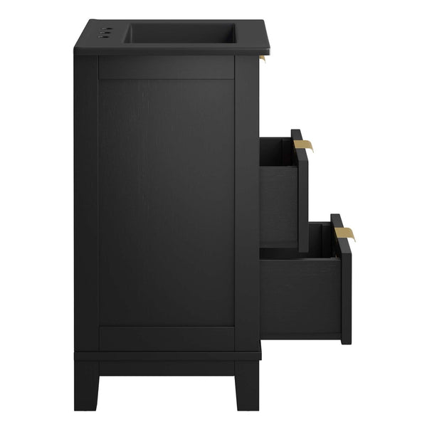 Modway Furniture Dixie 24" Solid Wood Bathroom Vanity Cabinet with Rattan Drawers & Ceramic Basin - Modern Storage EEI-6724-BLK-BLK