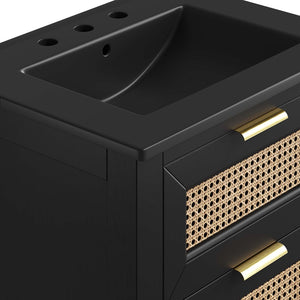 Modway Furniture Dixie 24" Solid Wood Bathroom Vanity Cabinet with Rattan Drawers & Ceramic Basin - Modern Storage EEI-6724-BLK-BLK