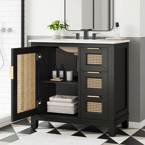 Modway Furniture Dixie 36" Solid Mahogany Bathroom Vanity Cabinet – Modern Design with Smart Storage & Brass Accents EEI-6725-BLK-WHI