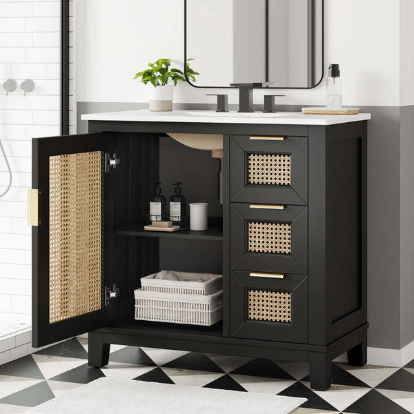 Modway Furniture Dixie 36" Solid Mahogany Bathroom Vanity Cabinet – Modern Design with Smart Storage & Brass Accents EEI-6725-BLK-WHI