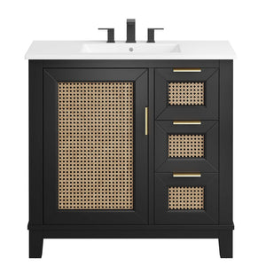 Modway Furniture Dixie 36" Solid Mahogany Bathroom Vanity Cabinet – Modern Design with Smart Storage & Brass Accents EEI-6725-BLK-WHI