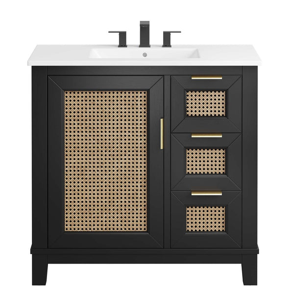 Modway Furniture Dixie 36" Solid Mahogany Bathroom Vanity Cabinet – Modern Design with Smart Storage & Brass Accents EEI-6725-BLK-WHI