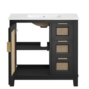 Modway Furniture Dixie 36" Solid Mahogany Bathroom Vanity Cabinet – Modern Design with Smart Storage & Brass Accents EEI-6725-BLK-WHI