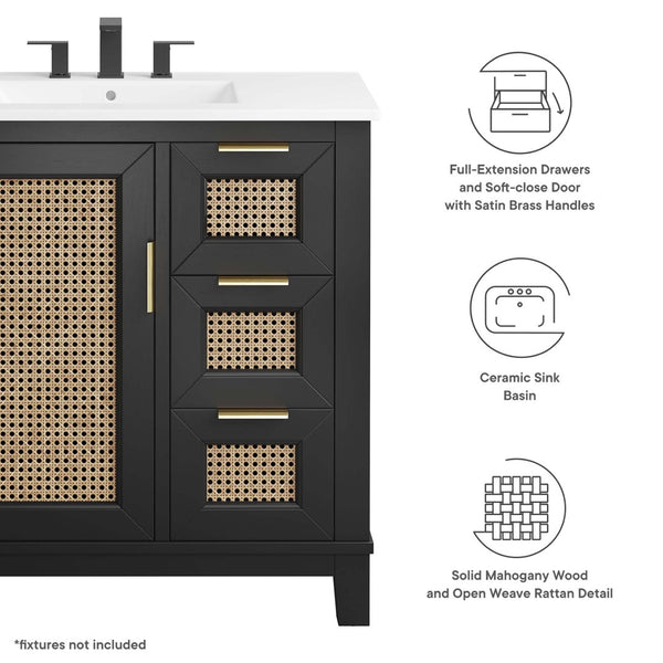 Modway Furniture Dixie 36" Solid Mahogany Bathroom Vanity Cabinet – Modern Design with Smart Storage & Brass Accents EEI-6725-BLK-WHI