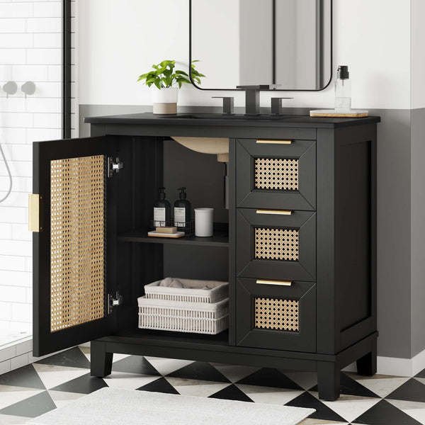 Modway Furniture Dixie 36" Solid Wood Bathroom Vanity Cabinet with Integrated Ceramic Top & Smart Storage Solutions EEI-6726-BLK-BLK