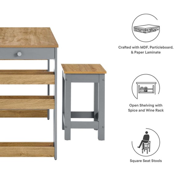 Modway Furniture Galley 3-Piece Kitchen Island and Stool Set - Stylish Oak Gray Design for Compact Spaces & Storage EEI-6730-OAK-GRY
