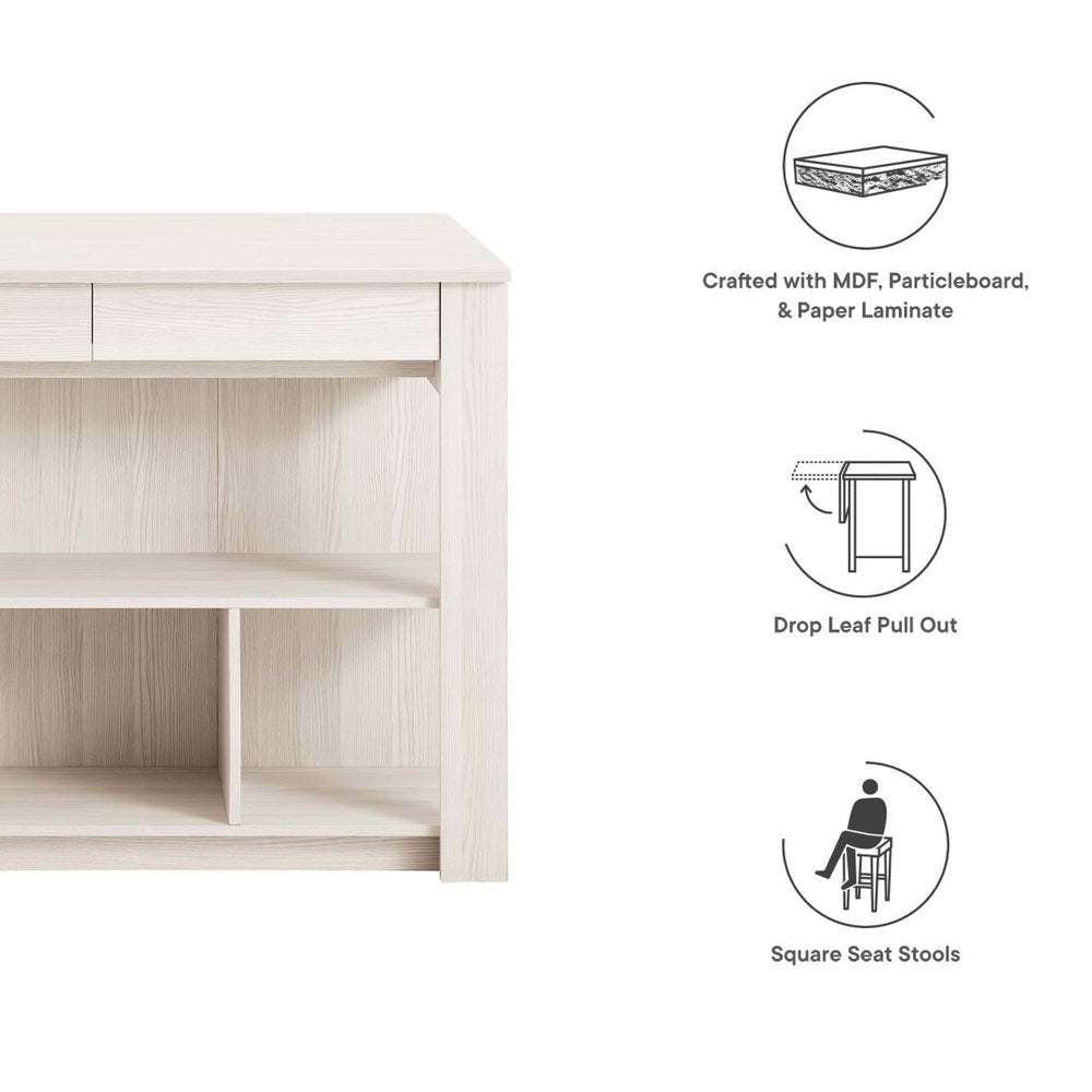 Modway Furniture Meadowbrook 3-Piece Kitchen Island Set with Drop-Leaf Top & Stools for Small Space Dining & Storage EEI-6731-WMA