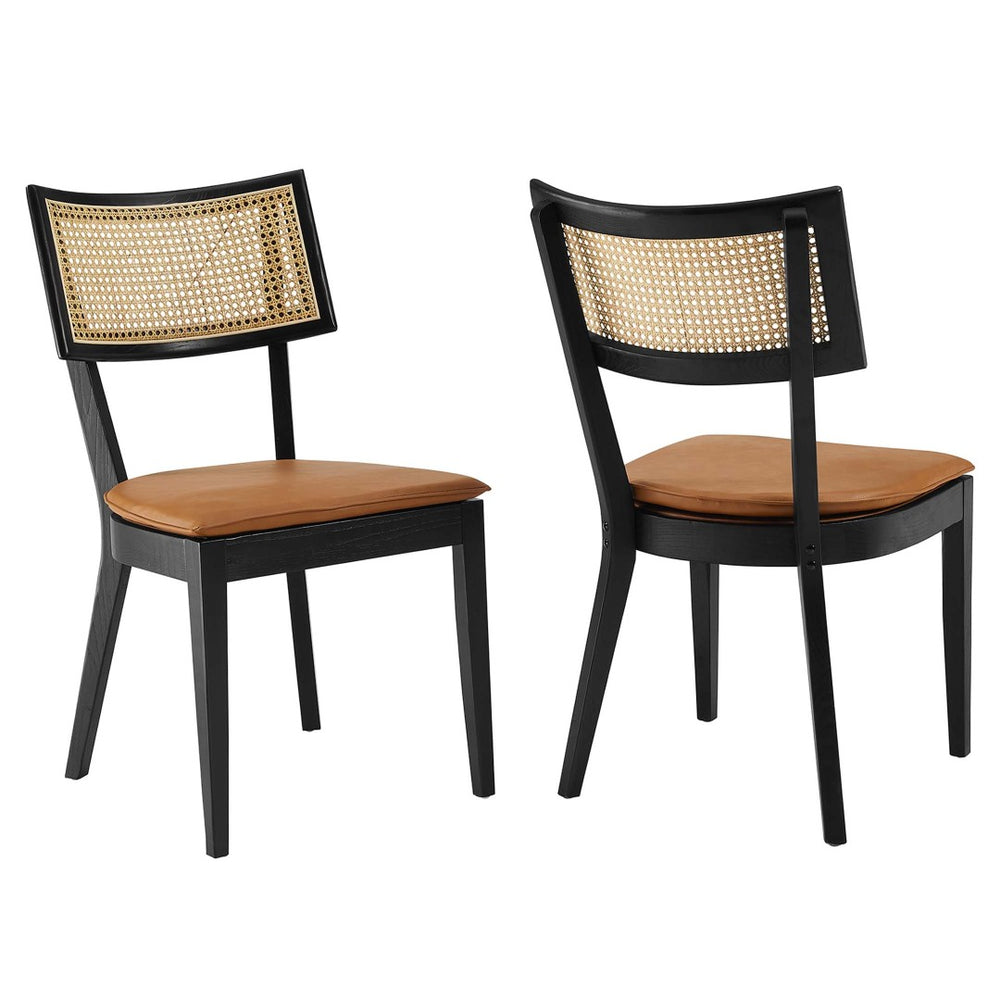 Modway Furniture Caledonia Vegan Leather Dining Chairs Set of 2 - Stylish Wood Frame with Rattan Accents, Black/Tan EEI-6732-BLK-TAN