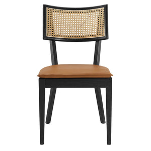 Modway Furniture Caledonia Vegan Leather Dining Chairs Set of 2 - Stylish Wood Frame with Rattan Accents, Black/Tan EEI-6732-BLK-TAN