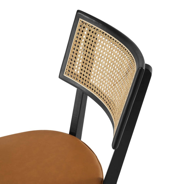 Modway Furniture Caledonia Vegan Leather Dining Chairs Set of 2 - Stylish Wood Frame with Rattan Accents, Black/Tan EEI-6732-BLK-TAN