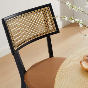 Modway Furniture Caledonia Vegan Leather Dining Chairs Set of 2 - Stylish Wood Frame with Rattan Accents, Black/Tan EEI-6732-BLK-TAN