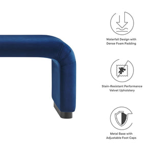 Modway Furniture Koda Performance Velvet Waterfall Long Bench - Stylish Seating for Entryway, Living Room, or Lounge Black Midnight Blue EEI-6734-BLK-MID