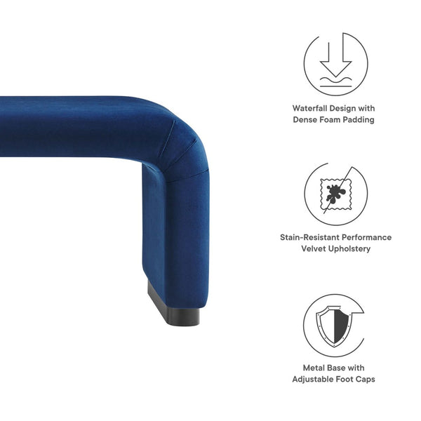 Modway Furniture Koda Performance Velvet Waterfall Long Bench - Stylish Seating for Entryway, Living Room, or Lounge Black Midnight Blue EEI-6734-BLK-MID