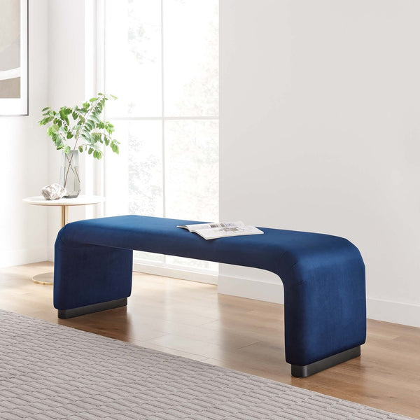 Modway Furniture Koda Performance Velvet Waterfall Long Bench - Stylish Seating for Entryway, Living Room, or Lounge Black Midnight Blue EEI-6734-BLK-MID