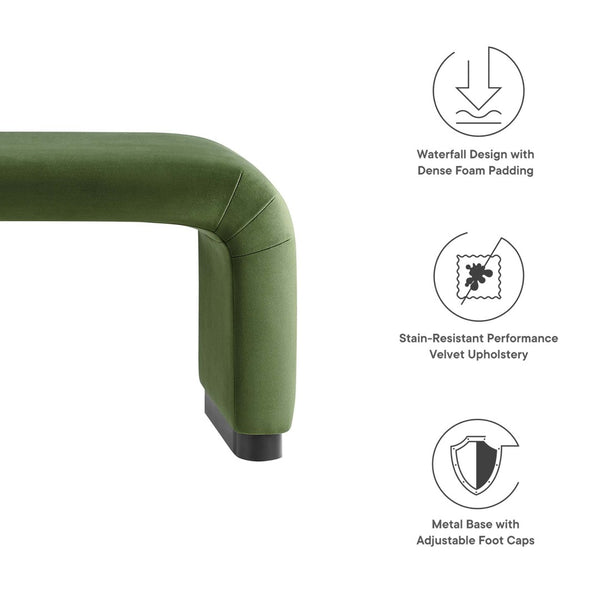 Modway Furniture Koda Performance Velvet Waterfall Long Bench - Stylish Seating for Entryway, Living Room, or Lounge Black Moss Green EEI-6734-BLK-MOS