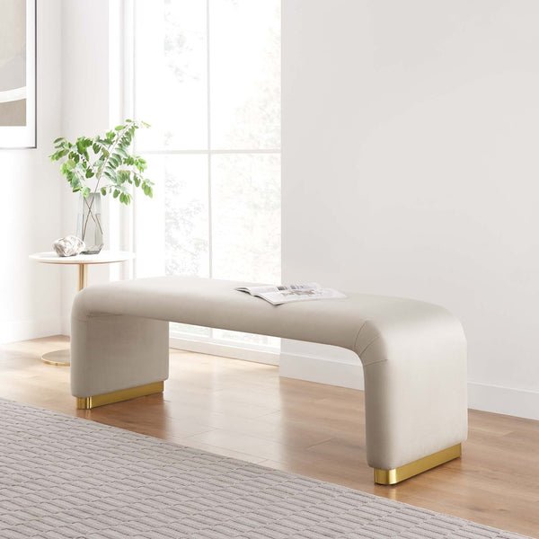 Modway Furniture Koda Performance Velvet Waterfall Long Bench - Stylish Seating for Entryway, Living Room, or Lounge Brass Almond EEI-6734-BRA-ALM