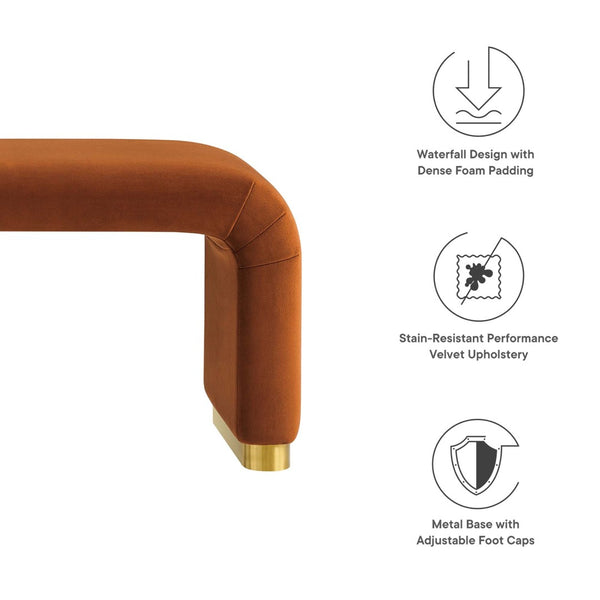 Modway Furniture Koda Performance Velvet Waterfall Long Bench - Stylish Seating for Entryway, Living Room, or Lounge Brass Rust EEI-6734-BRA-RUS