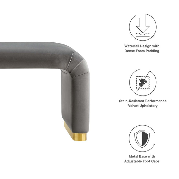 Modway Furniture Koda Performance Velvet Waterfall Long Bench - Stylish Seating for Entryway, Living Room, or Lounge Brass Storm Gray EEI-6734-BRA-STG