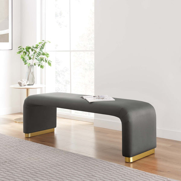 Modway Furniture Koda Performance Velvet Waterfall Long Bench - Stylish Seating for Entryway, Living Room, or Lounge Brass Storm Gray EEI-6734-BRA-STG