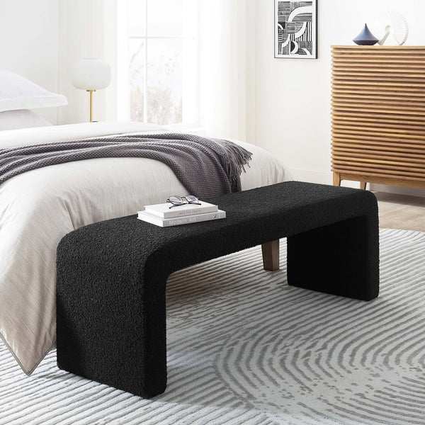 Modway Furniture Simba Boucle Waterfall Long Bench - Stylish Mid-Century Seating for Entryway or Living Room Decor Black EEI-6736-BLK