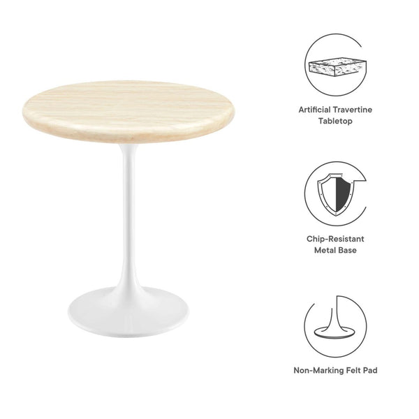 Modway Furniture Lippa 20" Round Faux Travertine Side Table - Modern Elegance with Durable White Metal Base, Easy Care EEI-6745-WHI-TRA