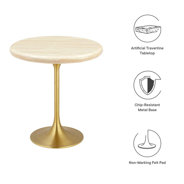 Modway Furniture Lippa 20" Round Faux Travertine Side Table - Elegant Gold Base, Perfect for Modern Living Spaces EEI-6746-GLD-TRA