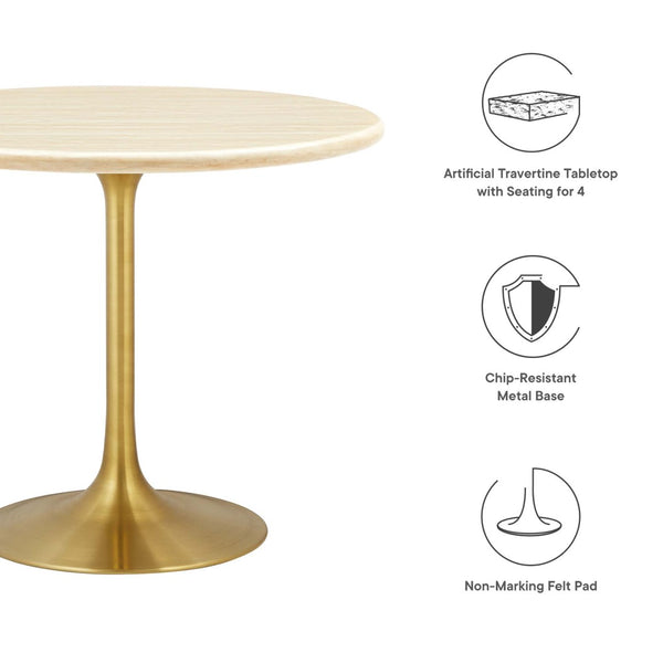 Modway Furniture Lippa 36" Round Faux Travertine Dining Table - Modern Gold Metal Base, Perfect for Any Space! EEI-6752-GLD-TRA