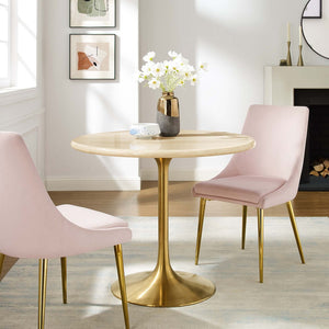 Modway Furniture Lippa 36" Round Faux Travertine Dining Table - Modern Gold Metal Base, Perfect for Any Space! EEI-6752-GLD-TRA