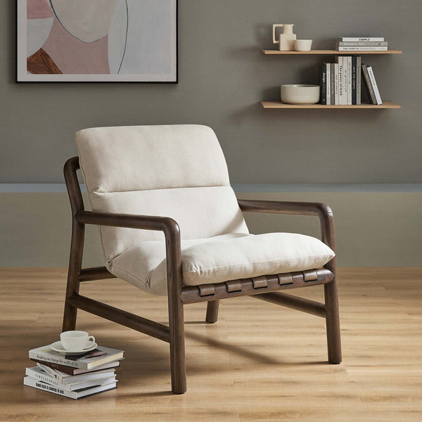 Modway Furniture Paxton Wood Sling Chair - Mid-Century Modern Design with Vegan Leather Straps & Plush Comfort EEI-6766-DUN-WAL