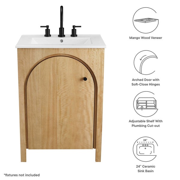 Modway Furniture Appia 24" Compact Bathroom Vanity with Integrated Ceramic Sink and Retro Charm for Small Spaces Oak White EEI-6788-OAK-WHI