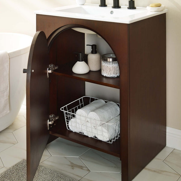 Modway Furniture Appia 24" Compact Bathroom Vanity with Integrated Ceramic Sink and Retro Charm for Small Spaces Walnut White EEI-6788-WAL-WHI