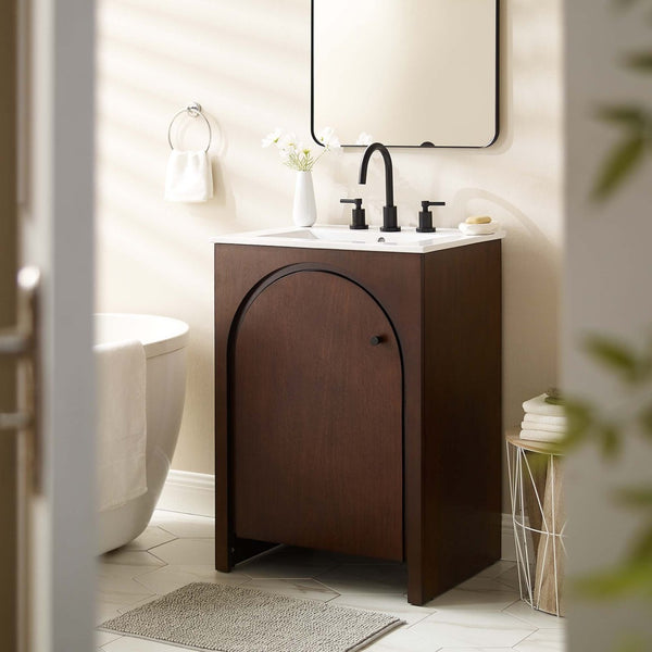 Modway Furniture Appia 24" Compact Bathroom Vanity with Integrated Ceramic Sink and Retro Charm for Small Spaces Walnut White EEI-6788-WAL-WHI