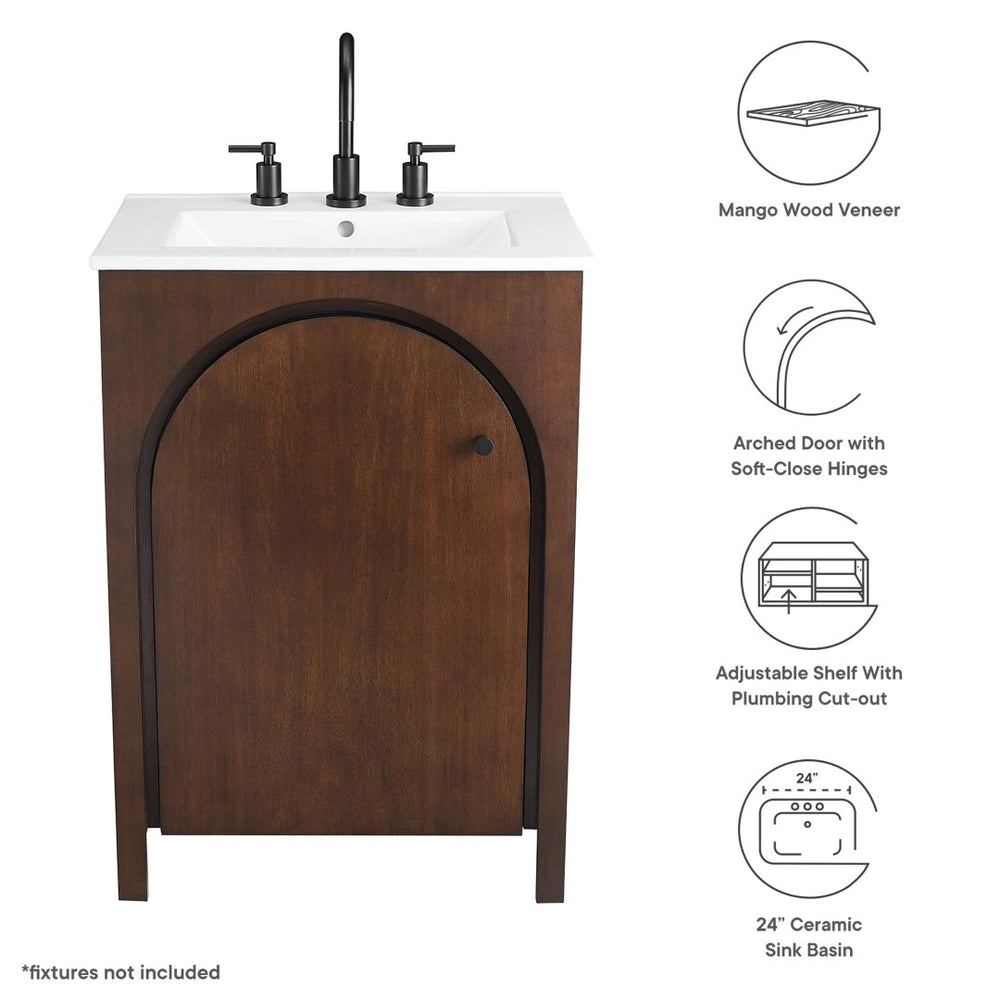 Modway Furniture Appia 24" Compact Bathroom Vanity with Integrated Ceramic Sink and Retro Charm for Small Spaces Walnut White EEI-6788-WAL-WHI