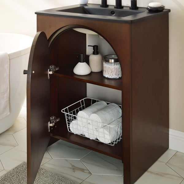 Modway Furniture Appia 24" Bathroom Vanity - Retro-Inspired Design with Black Ceramic Sink and Ample Storage Space Walnut Black EEI-6789-WAL-BLK