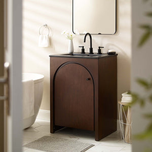 Modway Furniture Appia 24" Bathroom Vanity - Retro-Inspired Design with Black Ceramic Sink and Ample Storage Space Walnut Black EEI-6789-WAL-BLK