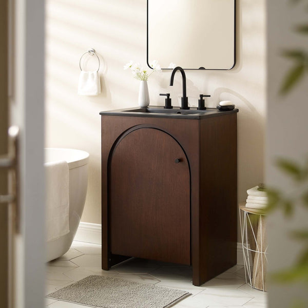 Modway Furniture Appia 24" Bathroom Vanity - Retro-Inspired Design with Black Ceramic Sink and Ample Storage Space Walnut Black EEI-6789-WAL-BLK