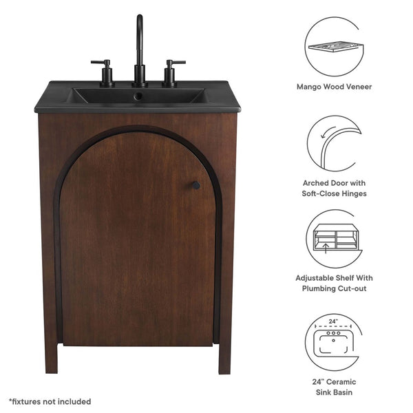 Modway Furniture Appia 24" Bathroom Vanity - Retro-Inspired Design with Black Ceramic Sink and Ample Storage Space Walnut Black EEI-6789-WAL-BLK
