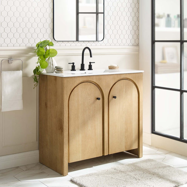 Modway Furniture Appia 36" Bathroom Vanity with Integrated Ceramic Sink and Soft-Close Doors for Organized Storage Oak White EEI-6790-OAK-WHI