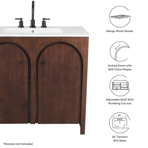 Modway Furniture Appia 36" Bathroom Vanity with Integrated Ceramic Sink and Soft-Close Doors for Organized Storage Walnut White EEI-6790-WAL-WHI