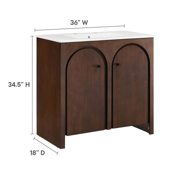 Modway Furniture Appia 36" Bathroom Vanity with Integrated Ceramic Sink and Soft-Close Doors for Organized Storage Walnut White EEI-6790-WAL-WHI