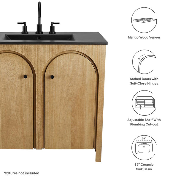 Modway Furniture Appia 36" Bathroom Vanity - Mid-Century Modern Design with Soft-Close Doors and Ceramic Sink Oak Black EEI-6791-OAK-BLK