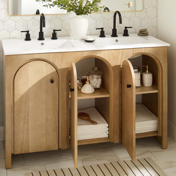 Modway Furniture Appia 48" Double Sink Bathroom Vanity - Stylish Retro Design with Ample Storage and Soft-Close Hinges Oak White EEI-6792-OAK-WHI