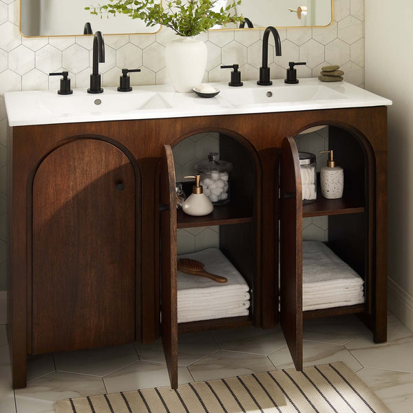 Modway Furniture Appia 48" Double Sink Bathroom Vanity - Stylish Retro Design with Ample Storage and Soft-Close Hinges Walnut White EEI-6792-WAL-WHI