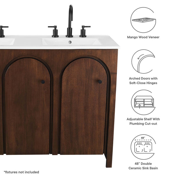 Modway Furniture Appia 48" Double Sink Bathroom Vanity - Stylish Retro Design with Ample Storage and Soft-Close Hinges Walnut White EEI-6792-WAL-WHI