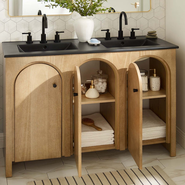 Modway Furniture Appia 48" Double Sink Bathroom Vanity with Retro Charm, Soft-Close Doors, & Ample Storage Space Oak Black EEI-6793-OAK-BLK